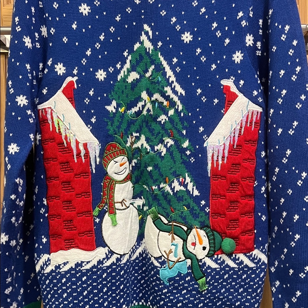 Men’s Festive Blue UGLY  Snowman Sweater Sparkle Multi Color Sz M
